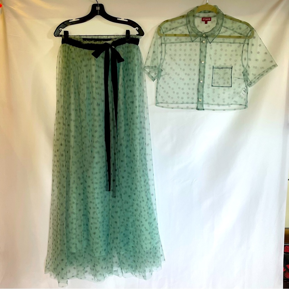 Staud matching skirt and crop top, polka dot sheer M, NWOT